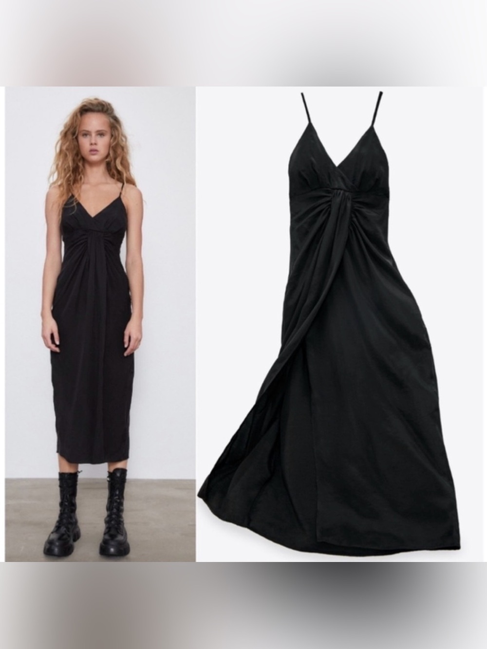 Zara draped front twist midi black dress, small
